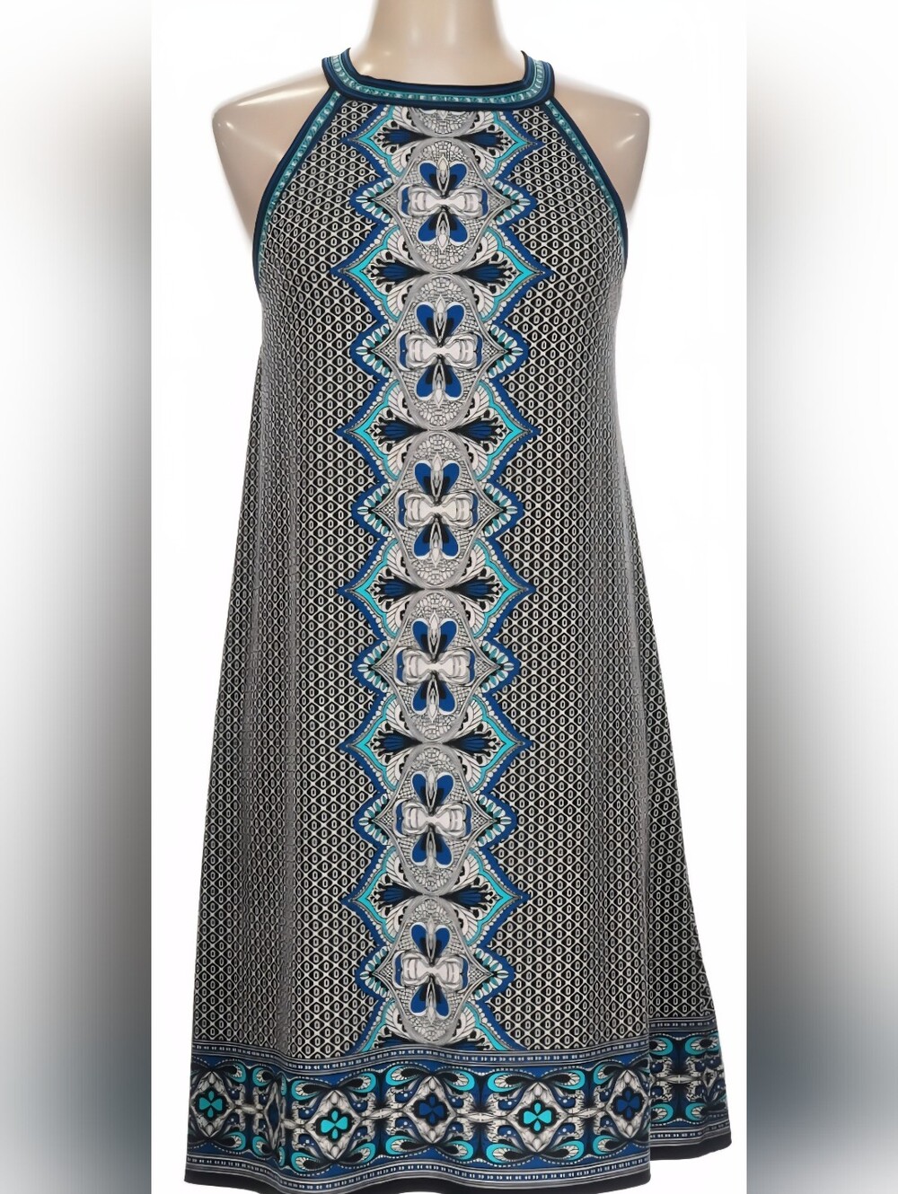 Max Studio Blue Geometric Sleeveless Dress Halter Boho Style Dress Size M